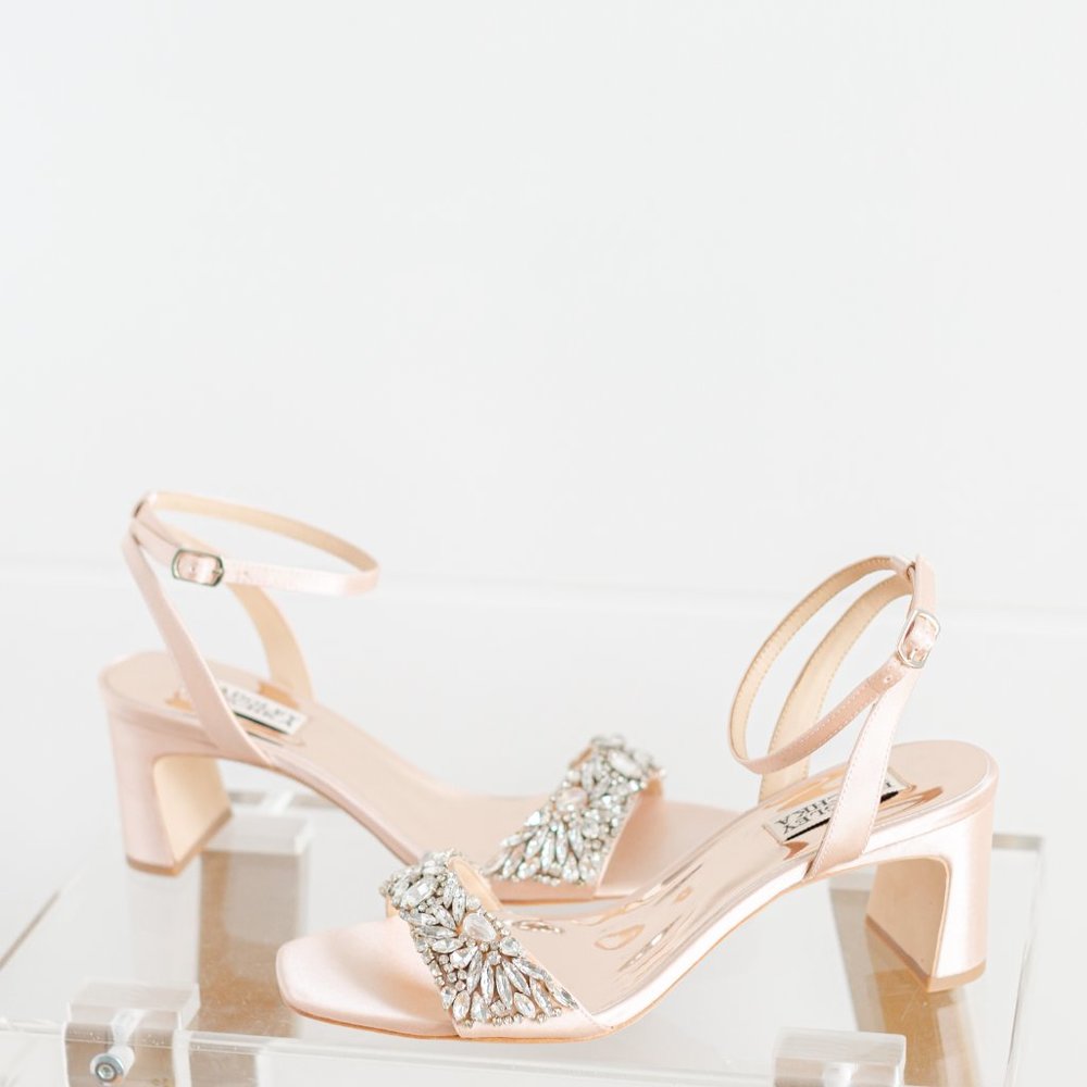 Badgley Mischka Blush Pink Jeweled Block Heel Sandals